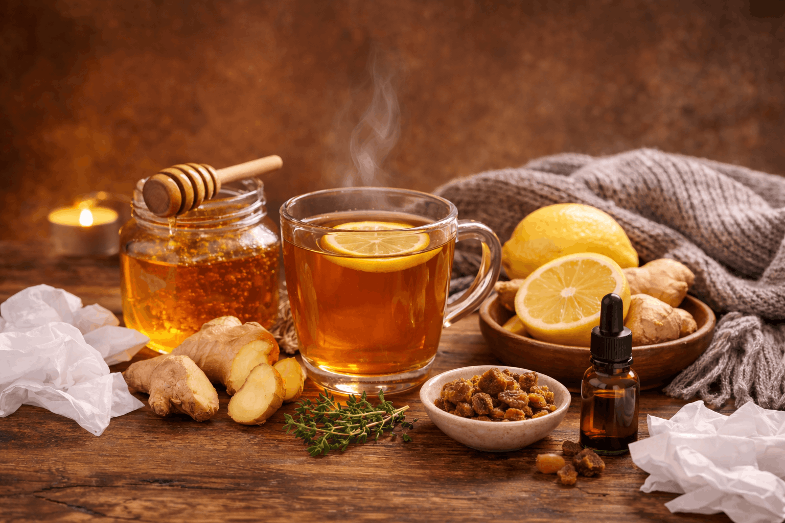 Wärmende Hausmittel auf Holztablett (1)